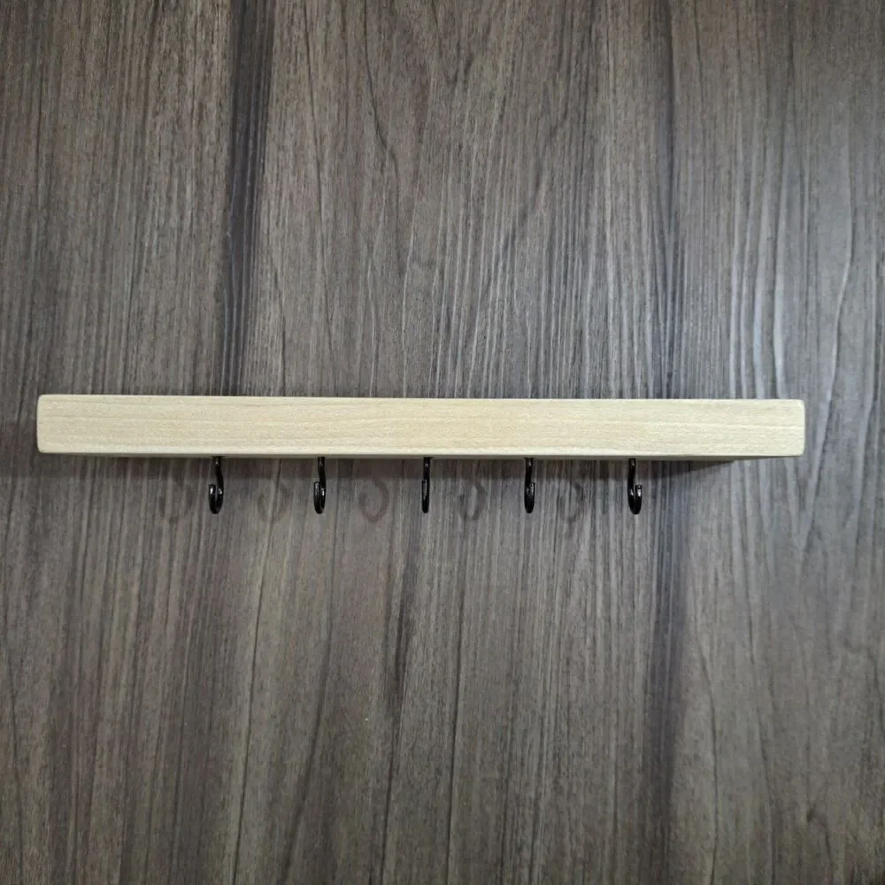 Handmade‎ 10 inch Wall Mount 5 Hook Key/Hat Rack Brown Solid Wood Black Hooks